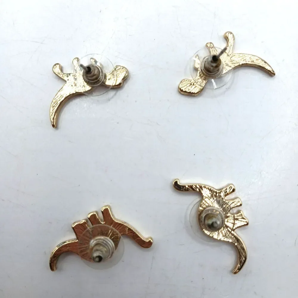 Dinosaur Pierced Earrings Set Enamel Gold Tone T-Rex Stegosaur Brachiosaurus+